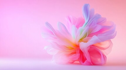 A delicate fabric flower with soft pastel colors resting on a smooth surface, close-up composition with gentle lighting, and artistic and serene.