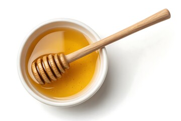Golden Honey in White Bowl with Wooden Dipper on a Clean Bright White Surface