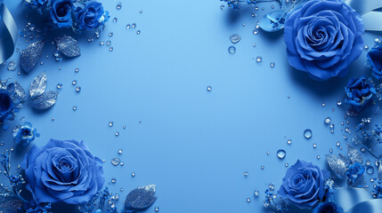 Elegant Winter Design: Blue Roses, Ribbons, and Sparkles Framing a Serene Gradient Center &ndash; Perfect for Wedding Stationery, Holiday Cards, and Luxury Branding