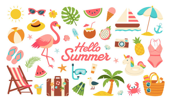 A colorful image of a beach scene with a flamingo, umbrella, and other beach items. The image is titled "Hello Summer" and is meant to evoke feelings of relaxation and fun - Powered by Adobe