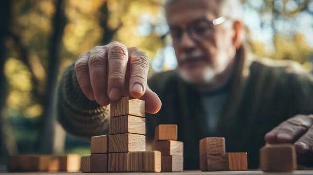 Senior man playing with wooden blocks outdoors