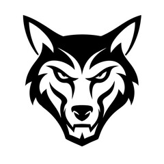 Obraz premium Wolf head vector illustration, wild canine face icon, fierce predator symbol, animal logo design, black silhouette graphic, hunting beast emblem, tribal wild wolf artwork.
