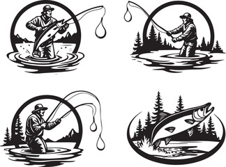 Fototapeta premium Fish Hunting Vector Silhouette – Fishing Clipart for Logos, Shirts & DecalsFisherman SVG Bundle – Bass, Trout, Rod & Boat Silhouettes for CricutFishing Vector Pack – Catching Fish Silhouettes for 