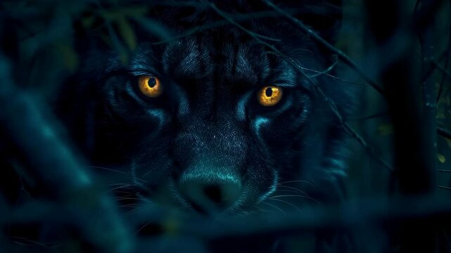 The glowing eyes of a predator in the night forest - fear of the unknown and tense expectation of danger