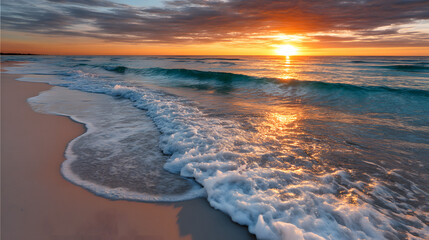 A golden sunset illuminating the white sand beach with gentle waves crashing against the shore, creating a breathtaking view towards an infinite horizon.