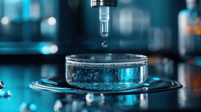 Laboratory setting with a small glass bowl on a black surface. the bowl is filled with water and there is a droplet of water falling from a pipette into it. - Powered by Adobe