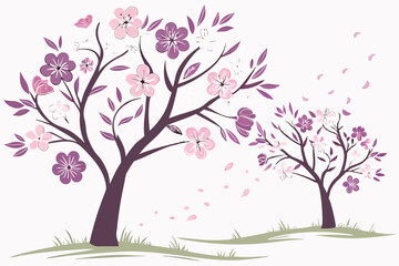 Fototapeta premium 43 Watercolor painting, two blossoming trees, spring season, pink and purple flowers, green leaves, delicate brushstrokes, soft pastel colors, botanical illustration, minimalist style, white backgroun