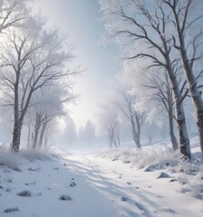 Obraz premium Frosty trees, ethereal snowflakes drifting over a snow-covered landscape , snowflakes, sky