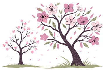 Fototapeta premium 43 Watercolor painting, two blossoming trees, spring season, pink and purple flowers, green leaves, delicate brushstrokes, soft pastel colors, botanical illustration, minimalist style, white backgroun