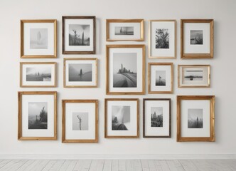 Fototapeta premium Chic photo frame gallery wall template Diverse frame styles & sizes on a white backdrop , interior design, element, photography