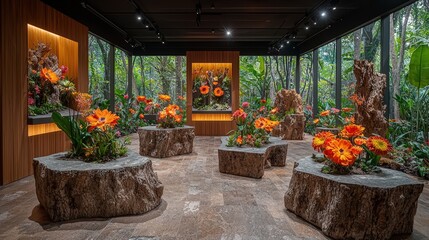 Obraz premium Captivating indoor floral display with vibrant orange blossoms and natural wood accents