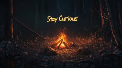 A campfire glows brightly in a dark forest, encouraging the sentiment of staying curious.