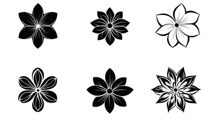 Six stylized black and white flower illustrations; design elements