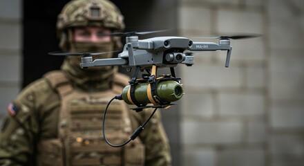A drone is hovering with an explosive device attached below. Military operations with unmanned aerial vehicles for surveillance and combat. Modern warfare technology and armament.