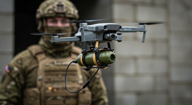 A drone is hovering with an explosive device attached below. Military operations with unmanned aerial vehicles for surveillance and combat. Modern warfare technology and armament.