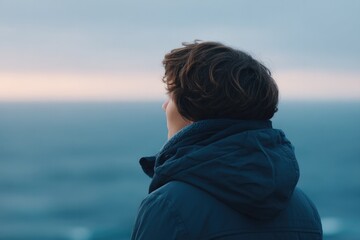Fototapeta premium portrait of individual against softly blurred ocean evoking serene minimalistic vibe