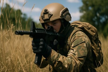 Fototapeta premium A soldier aims a rifle through tall grass in a field, close up showing his eyes and helmet, representing tactical readiness and security concept.