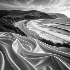 Obraz premium Serene Shores Black and White Coastline with Silk Drape, seascape, grayscale