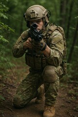Fototapeta premium Caucasian man in tactical gear pointing rifle forward while kneeling in forest terrain. Soldier in camouflage uniform aiming weapon in outdoor war conflict concept.