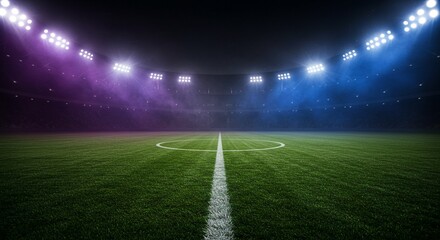 Empty soccer stadium field at night with bright stadium lights casting shadows for sports event and competition concept