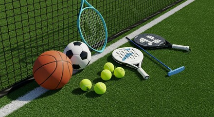 Sports balls including basketball, soccer ball, and tennis balls with tennis and padel rackets on green turf field near net. Equipment for outdoor team and court games.