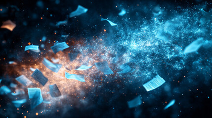 Naklejka premium Numerous documents appearing to fly through the air on a dark background, symbolizing a business environment