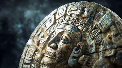 Intricate stone carving of an ancient deity or ruler, possibly Aztec or Mayan