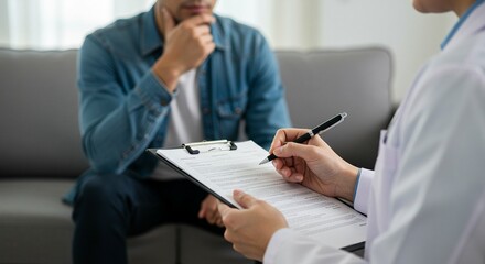 Doctor writing on clipboard, interviewing a man. Medical physician takes notes while listening to patient. Healthcare, consultation, annual physical exam appointment background.