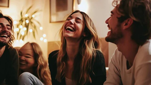 Joyful friends laughing together in festive home gathering