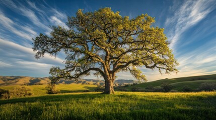 Fototapeta premium Majestic oak tree in a grassy valley under a vibrant sky. Stock photo