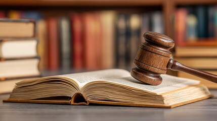 Wooden gavel and open law book on a courtroom desk with legal literature in the background