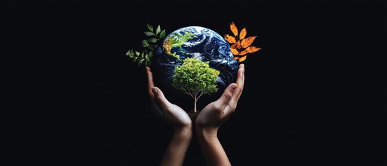 Two hands holding a small tree in the shape of the earth. the hands are positioned in a way that the tree is growing out of the soil.