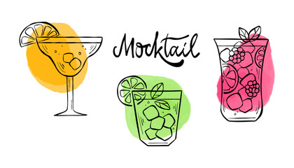 Vector line illustrations with different type of mocktails. Non-alcoholic cocktails with fruits and ice isolated on a white background. Minimalistic art for logo, bar menu, poster, or web banner.