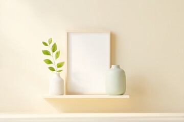 minimalistic living room interior with sleek decorative pieces elegantly arranged on modern shelf against plain wall
