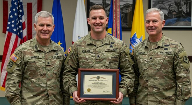 Three men in uniform are standing and holding a certificate. Military award ceremony celebrating achievement and service honoring dedication to duty and valor for military concept.