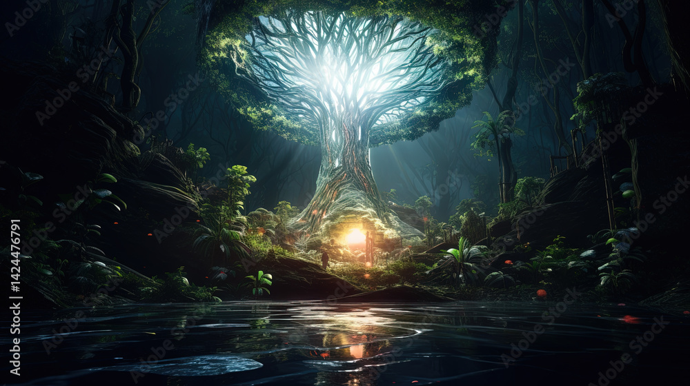 Poster neon-lit tree in a mystical jungle with glowing light and vibrant reflections