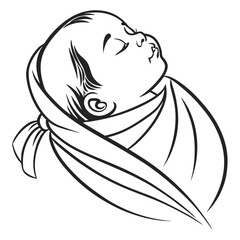 Sleeping Newborn Baby Wrapped in Swaddle Blanket Line Art