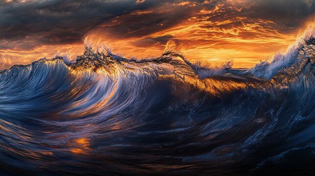 Dramatic ocean waves at sunset.  Powerful ocean waves crashing.  Possible use stock photo for nature, travel, and advertising