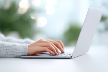 Fototapeta premium person sits at clean minimalistic workspace with laptop surrounded by natural light and greenery