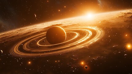 Obraz premium Planet with Rings Illuminated by Distant Sun, A stunning view of a planet with rings in space, illuminated by a distant sun