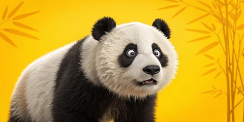 Obraz premium Surprised Panda Bear on Yellow with Bamboo, Cute , Animal