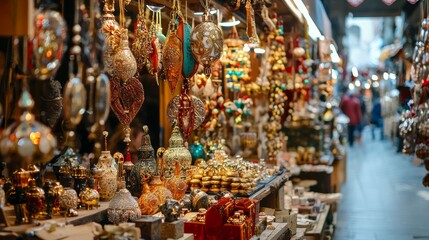 Colorful traditional market with hanging lamps and souvenirs