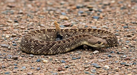 Naklejka premium Rattlesnake Basking Calmly Gravel Path Diamondback Pattern Camouflage Reptile Desert Wildlife