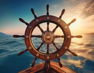 nautical artwork of ship wheel with ocean background