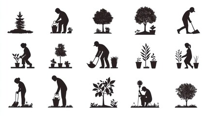 Gardening silhouettes people planting, watering, weeding