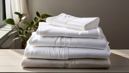 Obraz premium stacked white sheets freshly laundered clean laundry linens