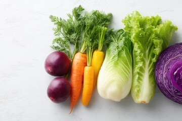 array of colorful non-gmo vegetables neatly arranged on white surface includes copy space for text or design
