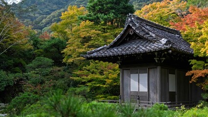 Japanese building amidst autumn foliage