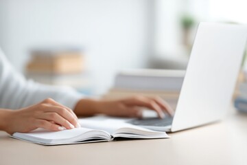 Fototapeta premium minimalistic image of person studying online in clean organized space with laptop and notebook