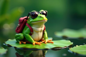Frog sitting on a lily pad with sunglasses and a backpack, frogs, sunglasses, frog eyes